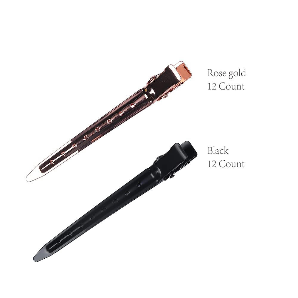 minihope 24 Packs Duck Bill Clips, 3.54 Inches/9cm Rustproof Metal Alligator Curl Clips for Hair Styling,makeup.,Hair Coloring, 12 Black,12 Rose gold.