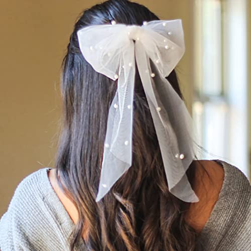 JEAIRTS Bridal Hair Bow Veil Pearl Wedding Hair Piece White Tulle Bow with Clip Bachelorette Party Hair Accessories for Women
