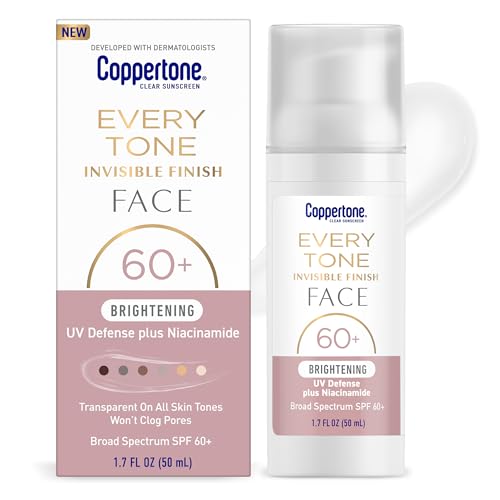 Coppertone Every Tone Invisible Finish Brightening UV Defense Face Sunscreen SPF 60+ with Niacinamide, Lightweight, Blends in Clear Sunscreen for All