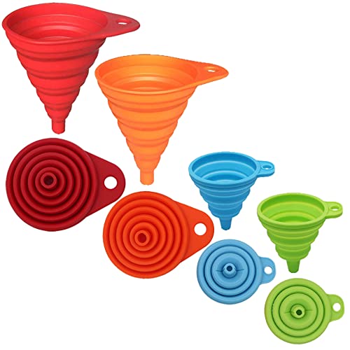 KongNai 4-Pack Silicone Collapsible Funnels, Small & Large Kitchen Set for Liquid Transfer, Water Bottles, Food Grade