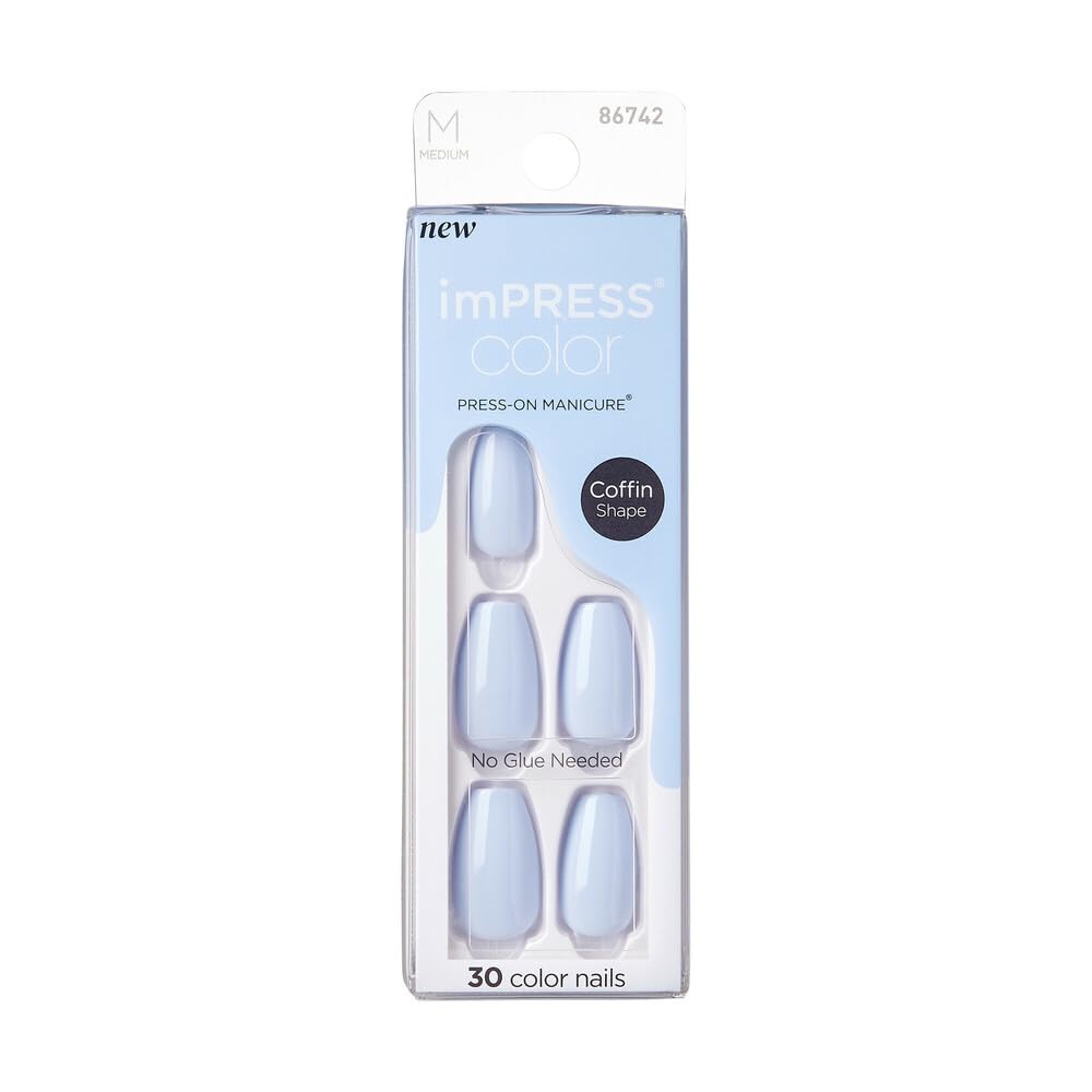 KISS imPRESS Color No Glue Mani 30 Pcs Press On Nails, Light Blue, Medium Size, Coffin Shape, Simple Peel & Press Easy Apply, Hassel-Free Removal Beauty & Personal Care imPRESS