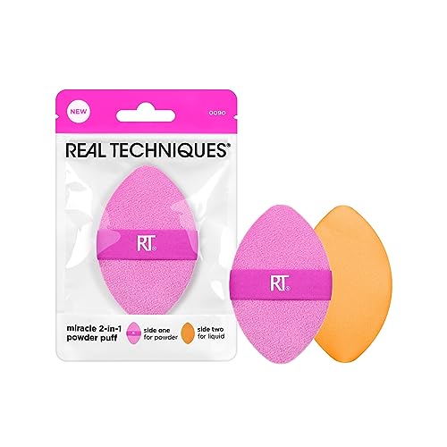 Real Techniques Miracle 2-In-1 Powder Puff, Dual-Sided, Full-Size Makeup Blending Puff, Reversible Elastic Band, Precision Tip Makeup Sponge & Powder