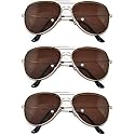 3 pairs Classic Aviator Style Sunglasses Metal Frame Gold Color Brown Lens 3 Pack