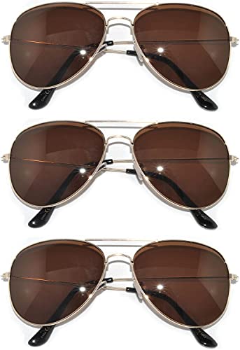 3 pairs Classic Aviator Style Sunglasses Metal Frame Gold Color Brown Lens 3 Pack