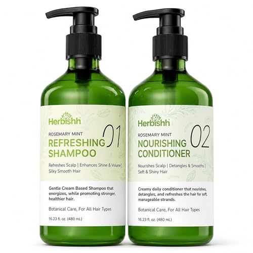 Herbishh Rosemary Mint Shampoo & Conditioner Set (16.23 fl. oz Each), Clarifying Shampoo for Oily Hair, Helps Remove Oil & Residue, Nourish Smooth