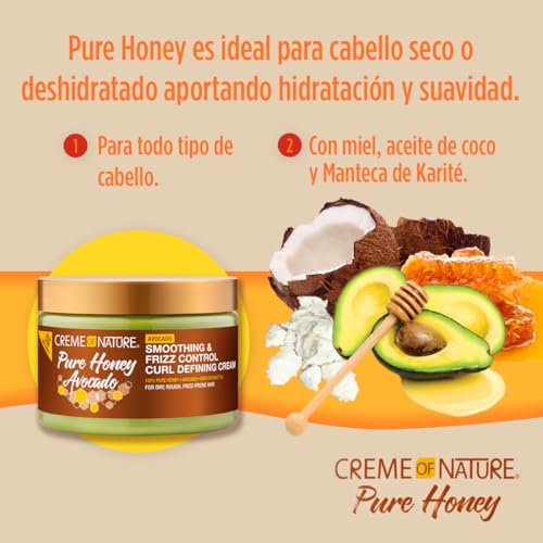 Creme of Nature Pure Honey Define Hair Food Smoothing & Frizz Control Curl Defining Cream, Defines & Softens Natural Curls, With Avocado Oil, Pure