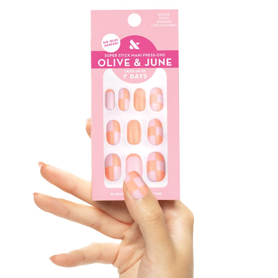 Olive & June Classic Super Stick Mani Summer Press On Nails | No Glue Needed | 32 Tab Nails 16 Sizes | Non-Toxic Tabs Easy On-Off Non-Damaging | 7-Day Beauty & Personal Care Olive & June