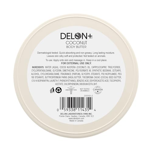DELON Intense Moisturizing Body Butter, Coconut with Coconut Oil, 6.9 oz