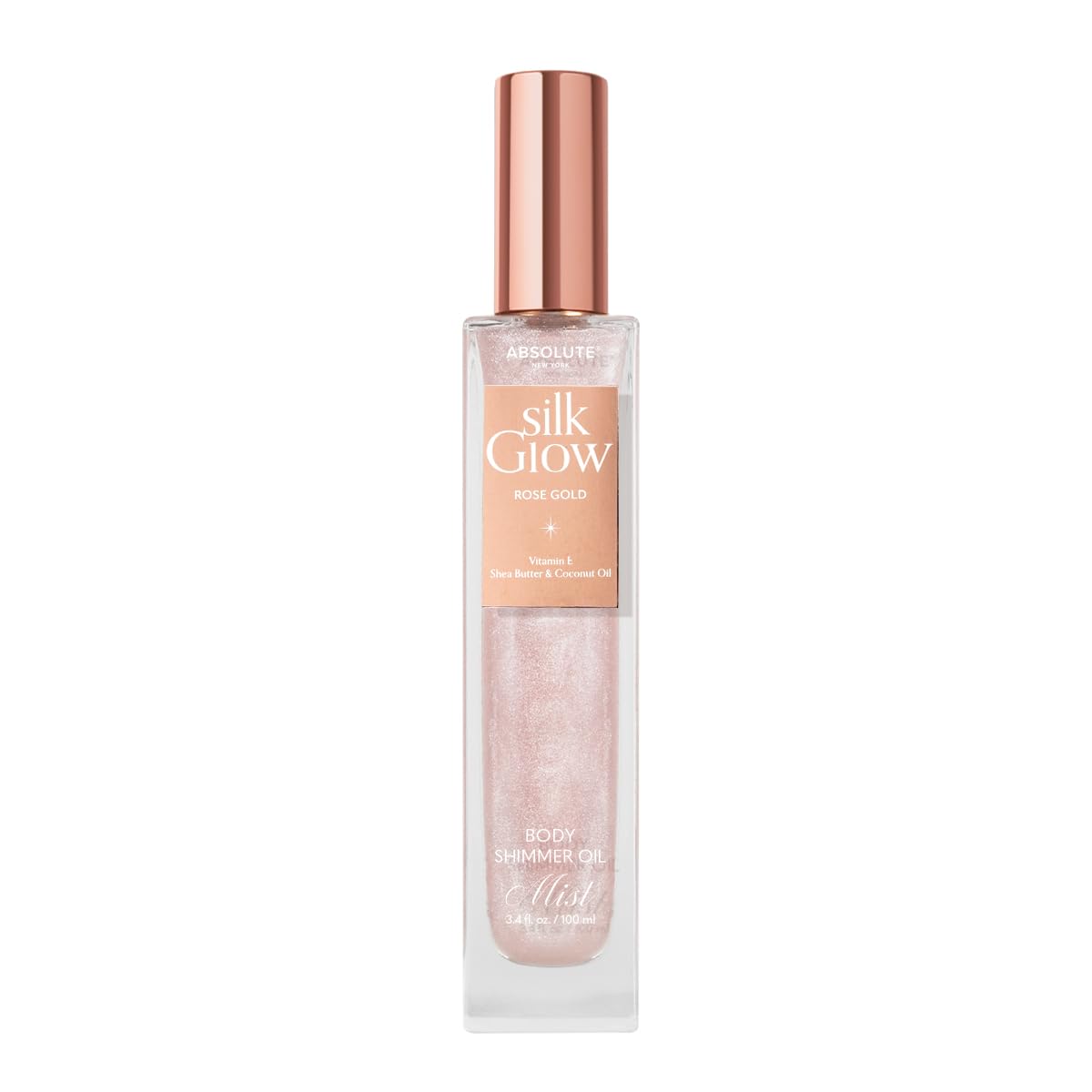 Absolute New York - Silk Glow Shimmer Mist Glow, Radiant, Shimmer Body & Face & Hair, Shea Butter, Coconut Oil, Vitamin E (SBGS02 Rose Gold Mist, 3.4