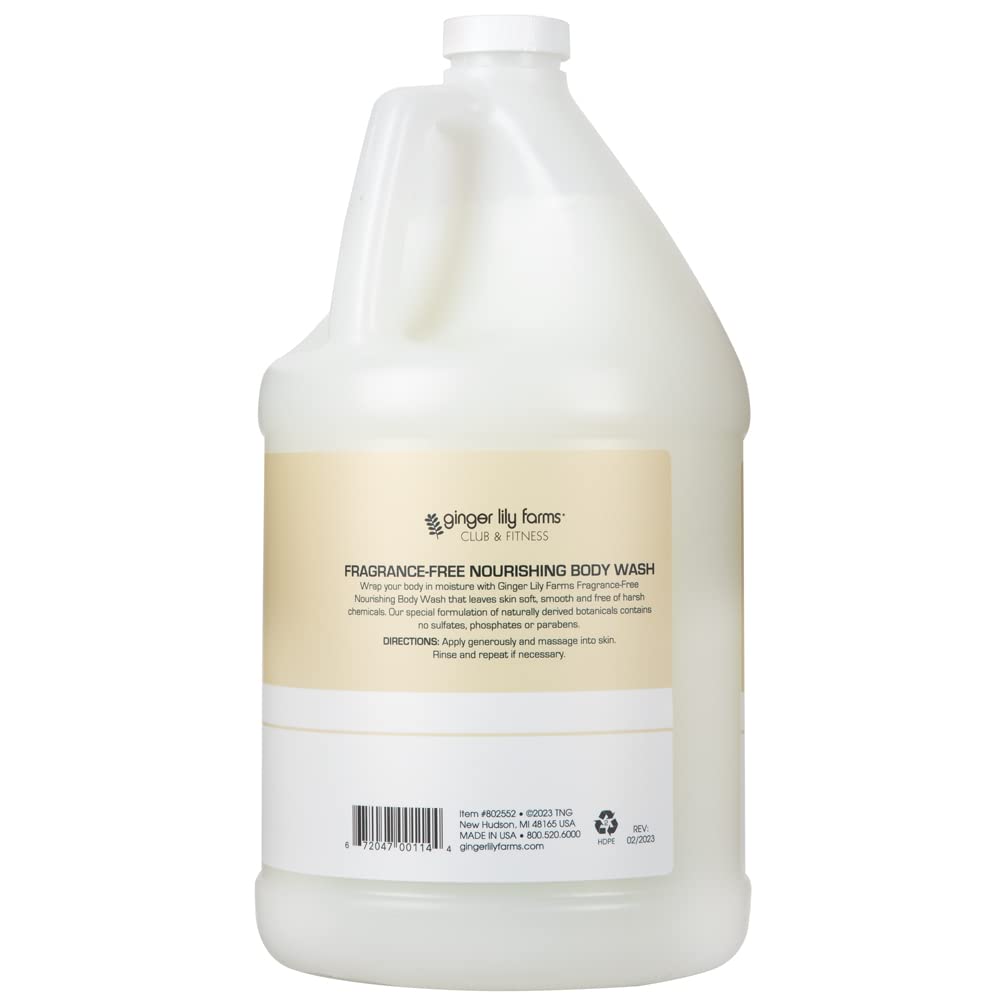 Ginger Lily Farms Club & Fitness Nourishing Body Wash, 100% Vegan & Cruelty-Free, Bath & Shower Gel for Men and Women, Fragrance Free, 1 Gallon (128
