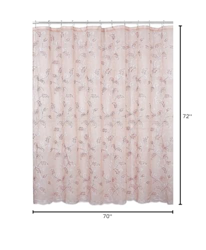 SERAFINA Decorative Sheer Fabric Shower Curtain: Two Toned Dusty Pink and White Embroidered Leaves with Metallic Threading (Blush/White) 70 x 72
