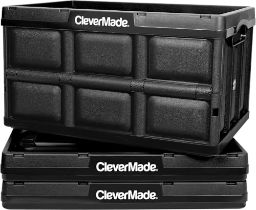 CleverMade Collapsible Storage Bins - Obsidian 3 Pack 62L - Stackable Containers Heavy Duty Capacity Folding Crates - Space-Saving for Home