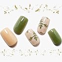 Press on Nails Medium Short Square GLAMERMAID, Amber Green Ferns Fake Nails with Design Cute Acrylic False Nail Kits Stick Glue on Nails Sets