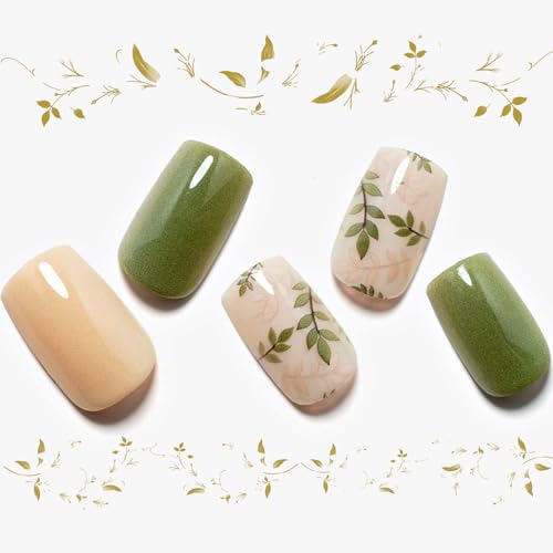 Press on Nails Medium Short Square GLAMERMAID, Amber Green Ferns Fake Nails with Design Cute Acrylic False Nail Kits Stick Glue on Nails Sets