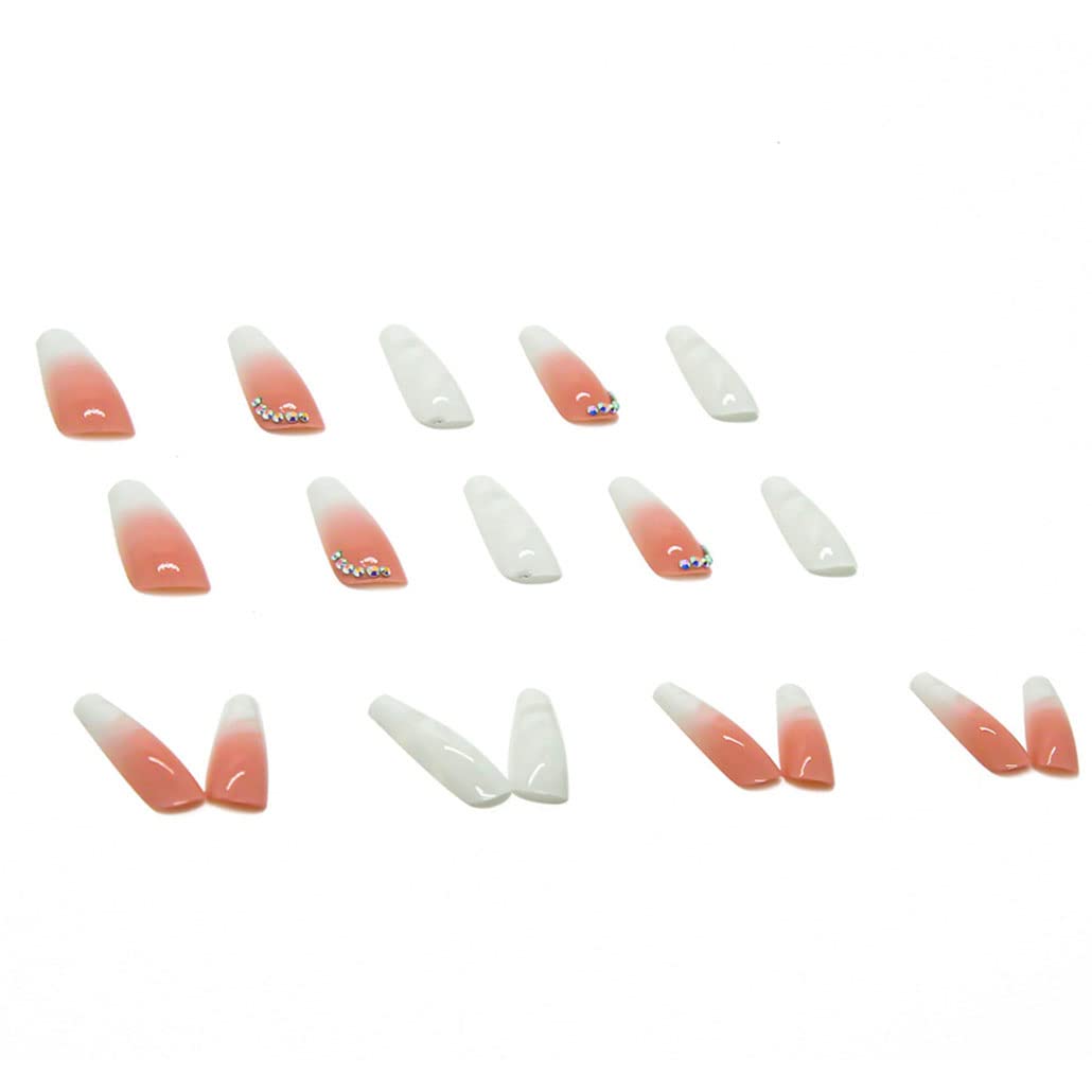 Foccna Gradient Pink Press on Nails Coffin Long Fake Nails Bling False Nails Rhinestone Design White Nails Full Cover False Nail Tips 24 pcs