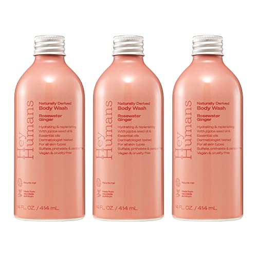 Hey Humans Rosewater Ginger Moisturizing Body Wash with Natural Ingredients & Jojoba Oil | Clean, Vegan, Sulfate Free Bath & Body Wash for Women |