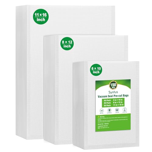 Syntus Vacuum Sealer Bags, 150 Gallon 11" x 16" and Quart 8" x 12" and Pint 6" x 10" Commercial Grade PreCut Bag, BPA Free Food Vac Bags for Storage…