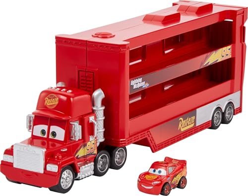 Mattel Disney Pixar Cars Mini Mack Racers Hauler & 1 Toy Car, Transporter Truck Holds 18 Minis, Collectible Set