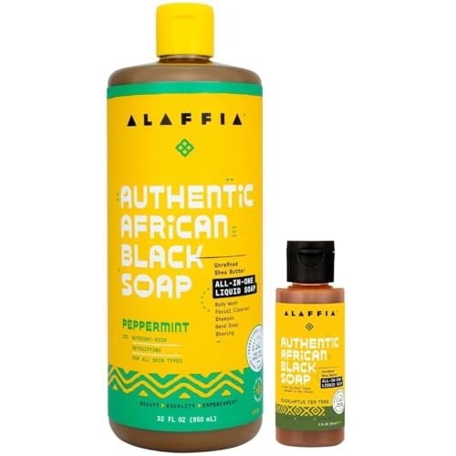 Alaffia Authentic African Black Soap Variety 2-Pack - All-In-One Liquid Soap, Travel-Size Eucalyptus Tea Tree + Full-Size Peppermint Body Wash, Face