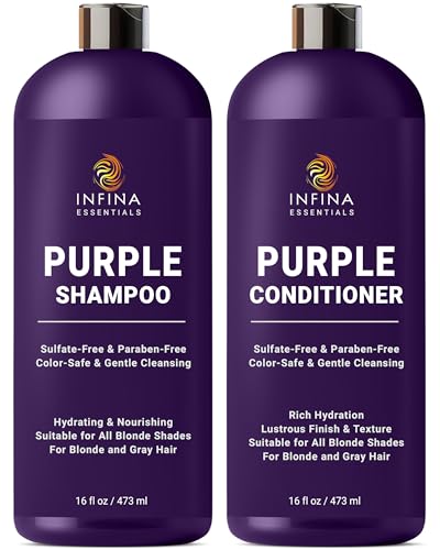 INFINA ESSENTIALS Purple Shampoo and Conditioner Set - Sulfate Free, Enriched with Coconut Oil & Aloe Vera, Ideal for Blonde, Gray, Brassy & Color