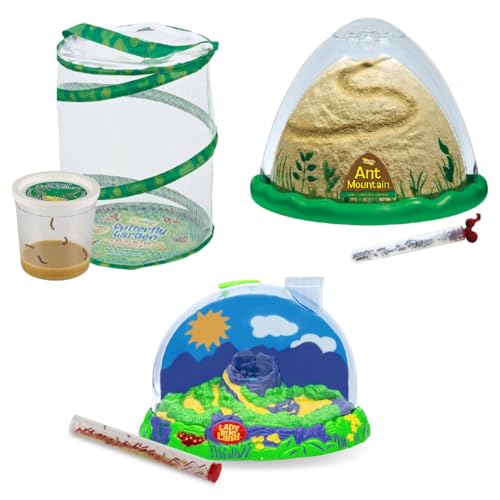 Insect Lore Bug Camp Bundle – Live Butterfly, Ladybug & Ant Kits with Caterpillars, Larvae, Ants & Bonus Life Cycle Figurines