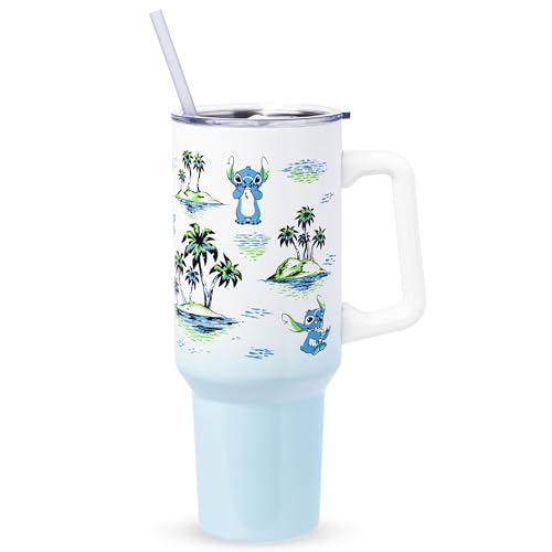 Silver Buffalo Disney Lilo and Stitch Vintage Sketch Palm Trees and Flowers Double Walled Stainless Steel Tumbler with Handle and Straw, Fits…