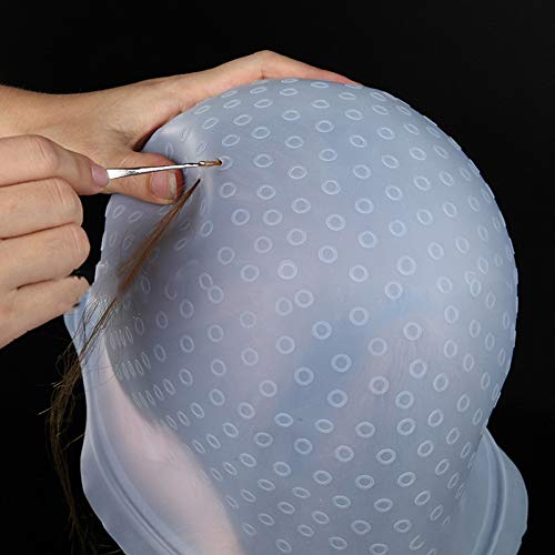 Reusable Silicone Hair Coloring Highlighting Cap Hair Dyeing Cap with Metal Hook for Hair Salon Tools Hairdressing Highlighting Kit (White)