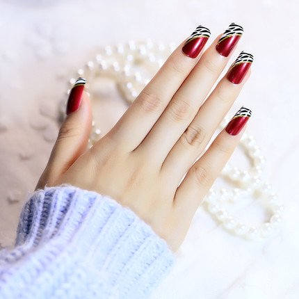 YUNAI 24 PCS Medium Length Full Cover False Nails French Ellipse Red Wine Oblique Leopard Fake Nails