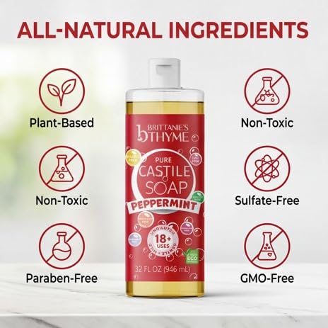Brittanie's Thyme Pure Castile Liquid Soap Refill (Peppermint, 32 oz Pack of 2) | For Hair & Body, Gentle and Pure, Made with Natural Luxurious Oils