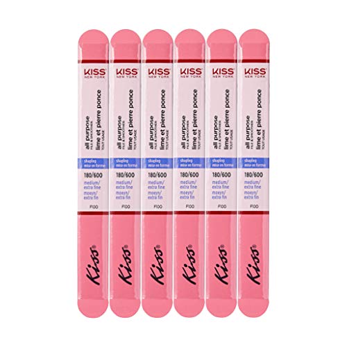 Kiss File All Purpose & Smoother 180 Medium / 600 Extra Fine F100N - Pack of 6 Files & Smooths Natural and Artificial Nails