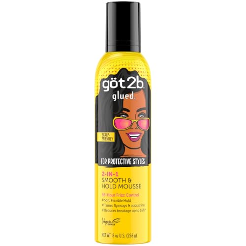 Got2b Glued 2-in-1 Smooth & Hold Hair Mousse, 8 Fl Oz, 96 Hour Frizz Control & Soft Flexible Hold for Wigs, Braids and Curls, No Stickiness