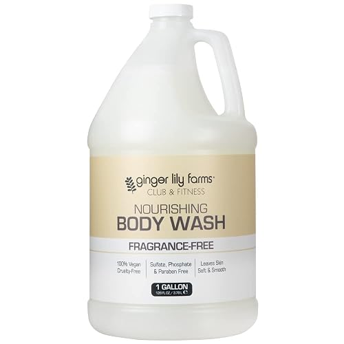 Ginger Lily Farms Club & Fitness Nourishing Body Wash, 100% Vegan & Cruelty-Free, Bath & Shower Gel for Men and Women, Fragrance Free, 1 Gallon (128