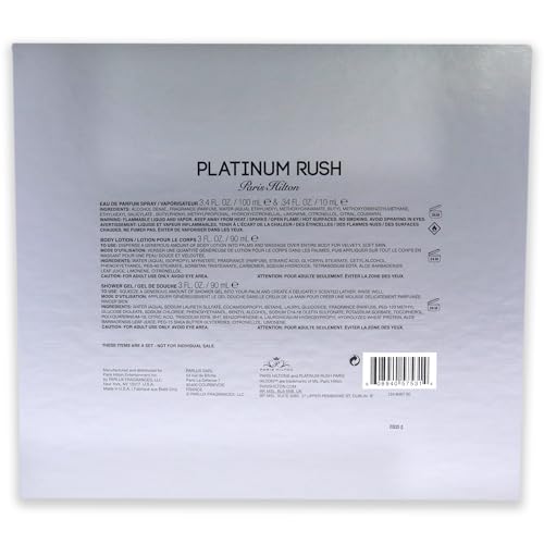 Paris Hilton Platinum Rush Women 4 Pc Gift Set 3.4 oz EDP Spray, 0.33oz EDP Spray, 3oz Body Lotion, 3oz Shower Gel