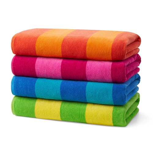 Kaufman - Soft Oversized Beach Towels in Bulk | 29" x 58" Velour Striped Towel | Absorbent, Quick-Drying | 100% Cotton Thick Towels (4 Pack)
