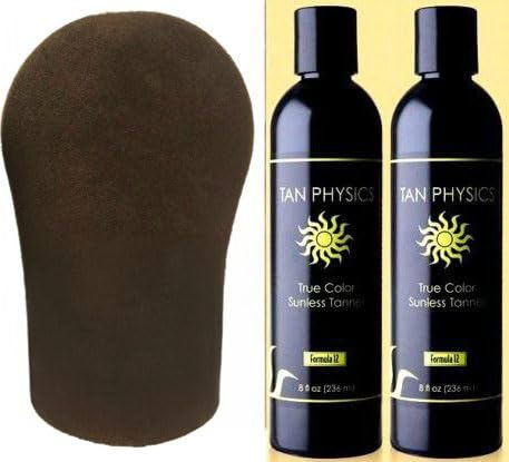 Tan Physics Sunless Tanner 8oz (Pack of 2) with Tanning Mitt - Self Tanning Lotion - Instant Tan Lotion for Face & Body - Natural Self Tanner for a