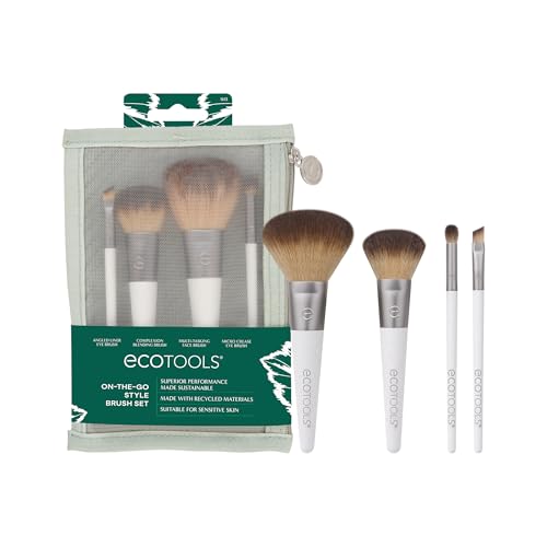 EcoTools On-The-Go Makeup Brush Kit, Travel-Friendly Brush Set, Mini-Size Makeup Tools for Powders, Blush, Bronzer, & Eyeshadows, Eco-Friendly