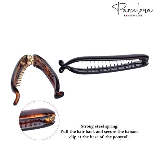 Parcelona French Small 3 ¾” Celluloid Set of 2 French Banana Hair Clip Flexible Ponytail Holder Fashion Durable Styling Paris Hair Accessories