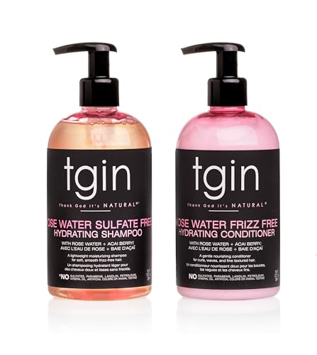 tgin Rose Water Shampoo + Conditioner Duo for Curly, Coily and Wavy Hair, Sulfate Free, with Rose Water, Acai Berries, Nourishes and Detangles Dry