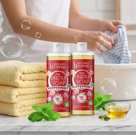 Brittanie's Thyme Pure Castile Liquid Soap Refill (Peppermint, 32 oz Pack of 2) | For Hair & Body, Gentle and Pure, Made with Natural Luxurious Oils