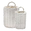 AuldHome Design Wall Hanging Baskets (White, Set of 2); Woven WIcker Rustic Farmhouse White Washed Door Baskets, Small and Medium Size