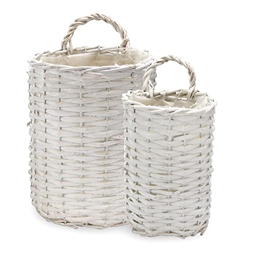 AuldHome Design Wall Hanging Baskets (White, Set of 2); Woven WIcker Rustic Farmhouse White Washed Door Baskets, Small and Medium Size