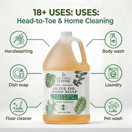 Brittanie's Pure Organic Castile Liquid Olive Oil Soap Refill, Rosemary Peppermint, 1 Gallon | Face, Body Wash, Dishes, Pets & Laundry | Vegan