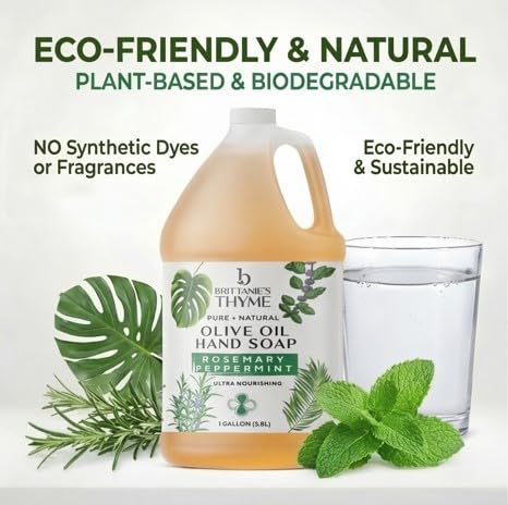Brittanie's Pure Organic Castile Liquid Olive Oil Soap Refill, Rosemary Peppermint, 1 Gallon | Face, Body Wash, Dishes, Pets & Laundry | Vegan