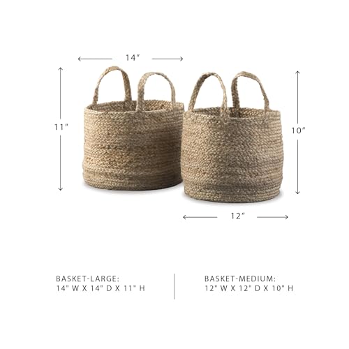 Signature Design by Ashley Brayton Jute 2 Piece Braided Basket Set With Handles, Large Basket 14" W x 14" D x 11" H, Medium Basket 12" W x 12" D x…