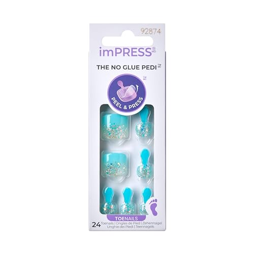 KISS imPRESS No Glue Pedi Press-On Nails, Design, 'Last Flowers', Medium Blue, Short Size, Squoval Shape, Includes 24 Nails, Prep Pad, Instructions Beauty & Personal Care imPRESS