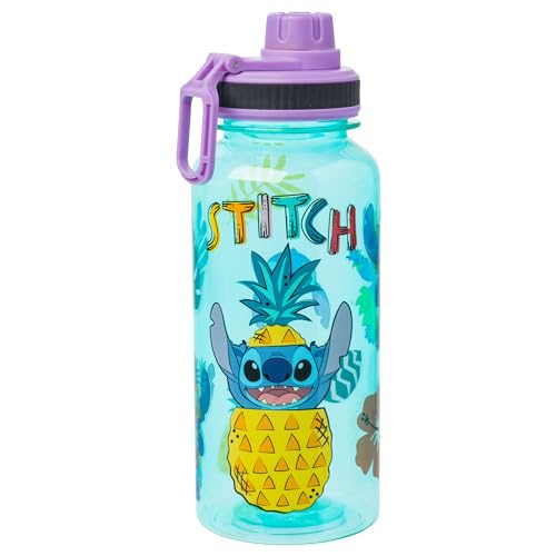 Silver Buffalo Disney Lilo and Stitch Pineapple Twist Spout Plastic Water Bottle with Stickers You Stick Yourself, 32 Ounces