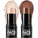 FOCALLURE 2 Pcs Contour Foundation Stick, Highlighter & Bronzer Pen, Face Brightens & Shades Pencil, Highlighting Shade Longwear Makeup, Highlight