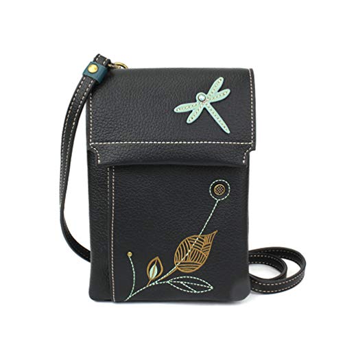 CHALA RFID Criss Crossbody Cell Phone Purse - Women Faux Leather Xbody Handbag with Adjustable Strap - Dragonfly - black