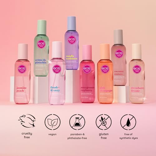 eos Cashmere Body Mist, Pomegranate Raspberry, body spray for women, hair mist, fruity, moisturizing, hyaluronic acid, glycerin, vegan, cruelty-free Beauty and Personal Care eos