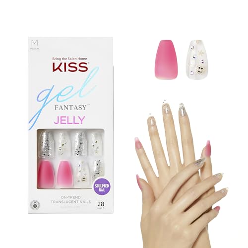 KISS Gel Fantasy Press On Nails, Nail glue included, 'Fun & Jelly', Pink, Medium Size, Coffin Shape, Includes 28 Nails, 2g glue, 1 Manicure Stick, 1 Beauty & Personal Care KISS